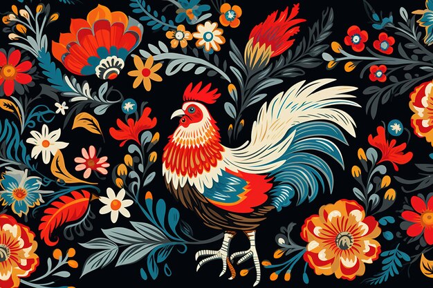 Imagen de diseño de patrón usando gallo y flores y hojas Animales de granja Ilustración IA generativa