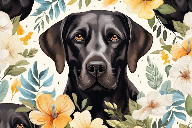 Imagen de diseño de patrón usando perro labrador y flores y hojas Animales de compañía Ilustración IA generativa