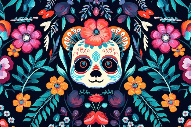 Imagen del diseño de patrones con panda y flores y hojas Ilustración de animales salvajes IA generativa