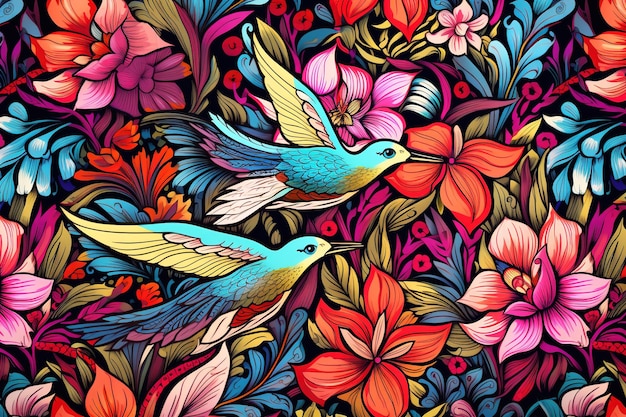 Imagen de diseño de patrones usando colibrí y flores y hojas Animales silvestres Ilustración de pájaros IA generativa