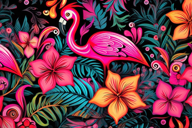 Imagen del diseño de patrones usando flamencos y flores y hojas Aves Vida silvestre Animales Ilustración IA generativa