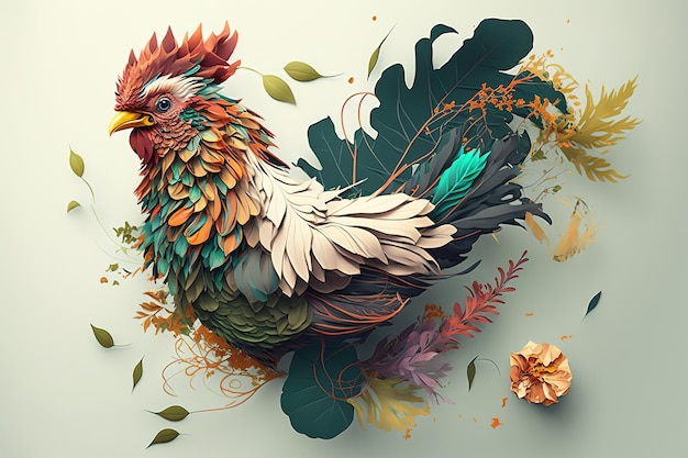 Imagen de diseño de pollo con elementos de hojas Ilustración de animales de granja AI generativa