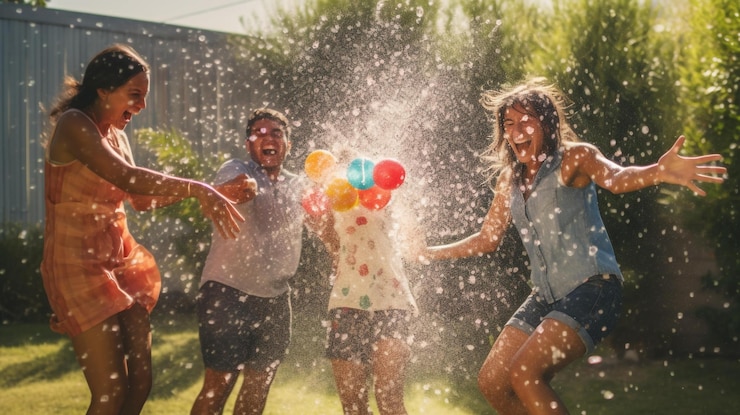 Una imagen divertida de amigos que tienen una pelea de globos de agua en un patio trasero AIGenerated