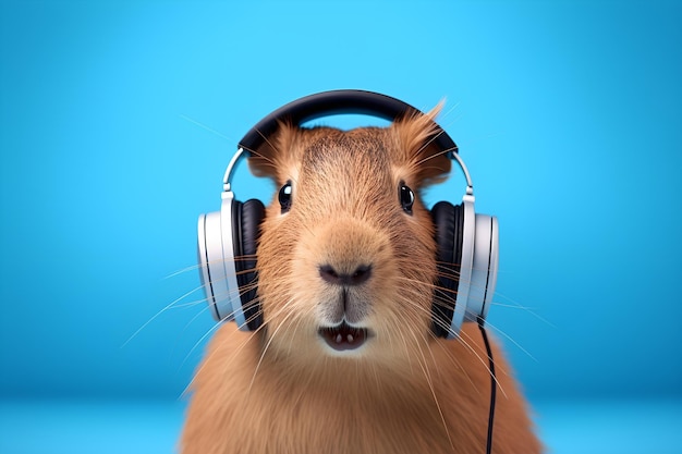 Foto imagen divertida de carpincho con auriculares sobre fondo azul.