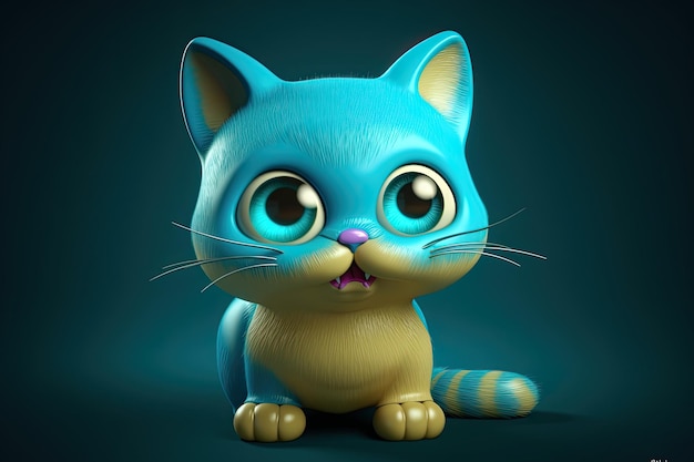 Imagen divertida de un gato de dibujos animados en 3D en colores azul y amarillo con un fondo azul IA generativa