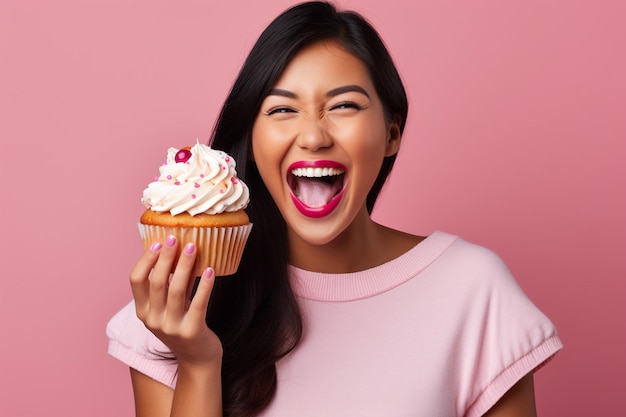 Imagen de una divertida mujer asiática comiendo deliciosos pasteles le gusta la pastelería masticando postre con deleite blanco