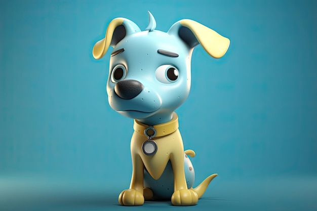 Imagen divertida de un perro de dibujos animados en 3D en colores azul y amarillo con un fondo azul IA generativa