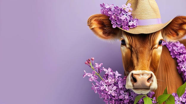 Foto imagen divertida de una vaca con un sombrero de paja con una cinta púrpura y flores de lila la vaca está mirando a la cámara con una expresión curiosa
