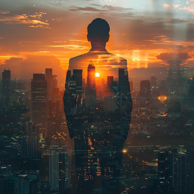 La imagen de doble exposición del hombre de negocios de pie hacia atrás durante el amanecer superpuesta con el paisaje urbano