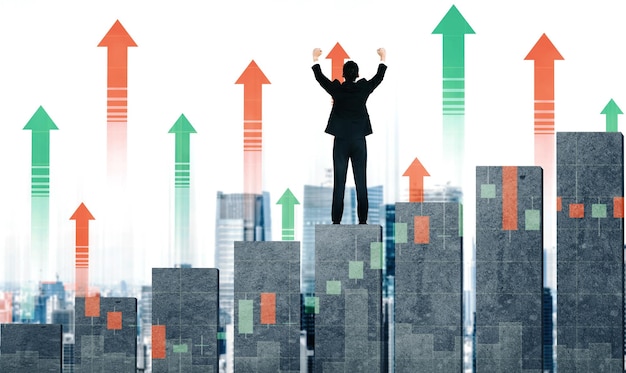 Imagen de doble exposición de las perspectivas de crecimiento de los beneficios de las empresas