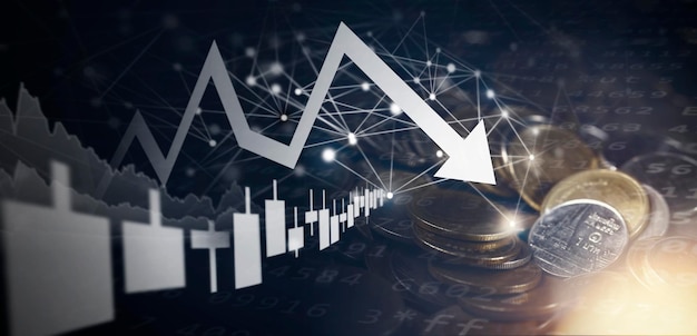 Foto imagen de doble exposición de pilas de monedas en el fondo del gráfico financiero de tecnología antecedentes de tendencias económicas para el colapso financiero empresarial economía digital de criptomonedas