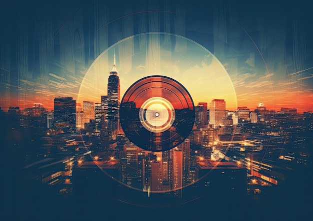 Una imagen de doble exposición que combina un disco de vinilo y un paisaje urbano que mezcla la nostalgia de la música
