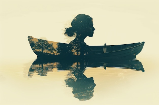 imagen de doble exposición de la silueta de una mujer llena de un lago sereno