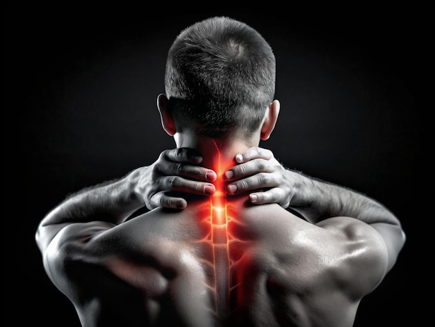 Imagen de dolor de cuello en un fondo negro estilo de rayos X