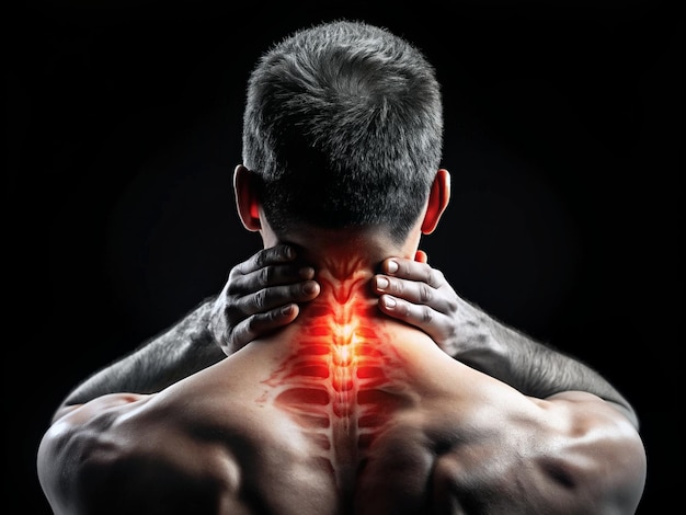 Imagen de dolor de cuello en un fondo negro estilo de rayos X