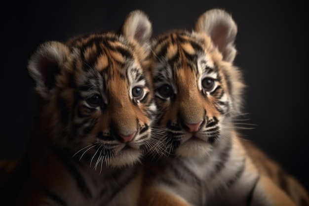 Imagen de dos cachorros de tigre bebé acurrucados juntos Ilustración de animales salvajes AI generativa