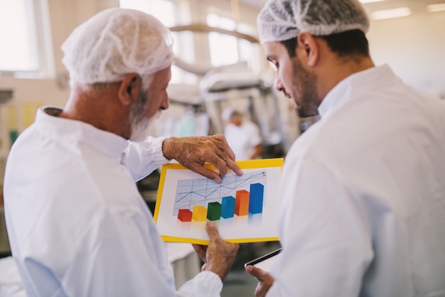 Imagen de dos compañeros de trabajo masculinos con ropa estéril mirando el histograma de ventas del mes actual. De pie en la luminosa sala de la fábrica y hablando.