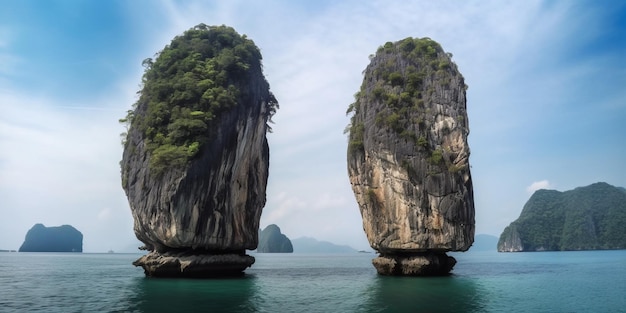 Imagen de dos grandes rocas que parecen isla de pascua generativa AI39