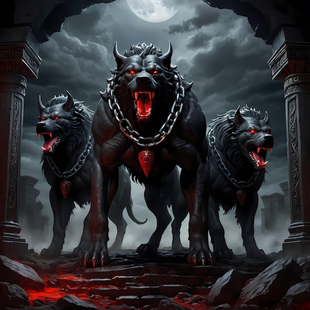 una imagen de dos leones con la luna en el fondo