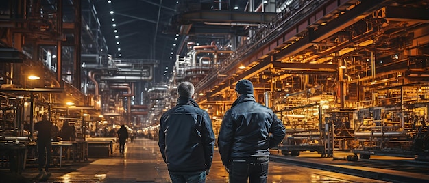 Imagen de dos trabajadores hablando en una fábrica de producción con un entorno industrial en el fondo