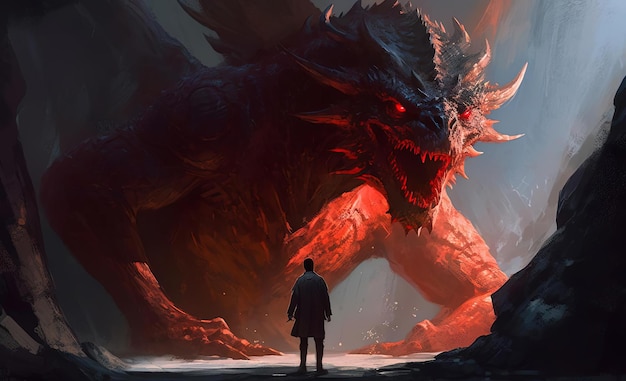 una imagen de un dragón y un hombre de pie cerca de él en el estilo de la pintura digital