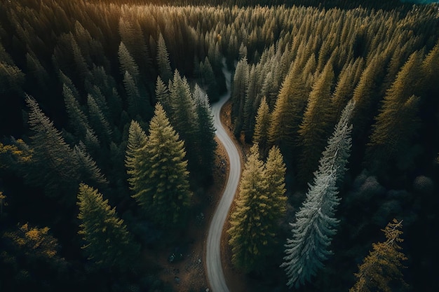 Imagen de un dron de un camino estrecho entre bosques