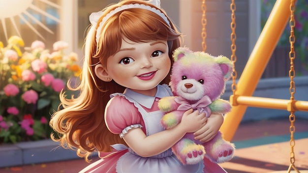 Imagen de una dulce estudiante con el pelo largo y marrón sonriendo sosteniendo su encantador oso de peluche