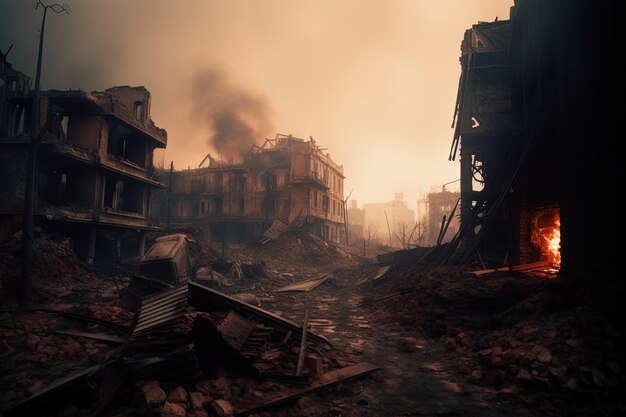 una imagen de un edificio destruido con un gran número de edificios en el fondo