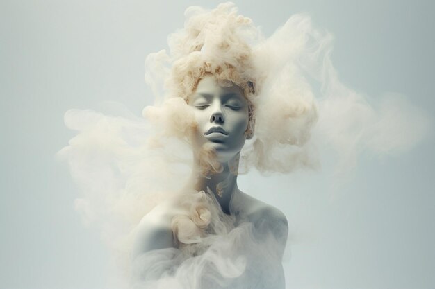 Foto imagen de efecto ai generativo de cuerpo de estatua inusual mujer ojos cerrados pensamiento mental contemplando en humo niebla ternura