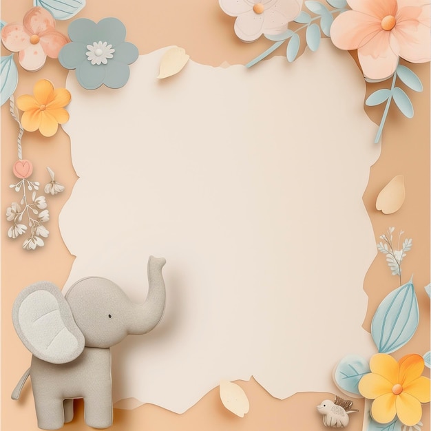 Imagen de un elefante cortado en papel y flores