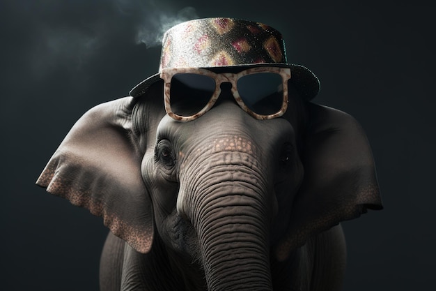 una imagen de un elefante con gafas de sol y un sombrero en él