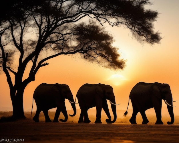 Una imagen de elefantes caminando frente a un árbol con la puesta de sol detrás de ellos.