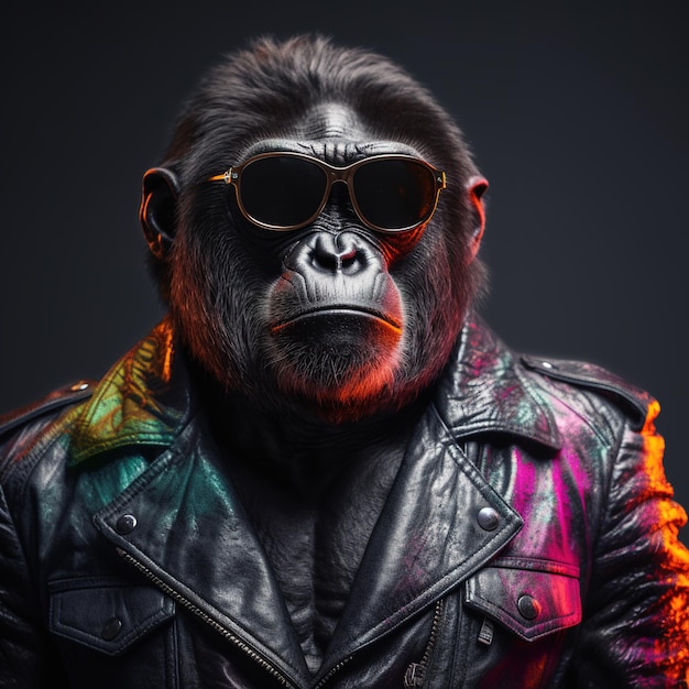 Imagen de un elegante gorila con gafas de sol a la moda y una chaqueta de cuero Moda moderna Ilustración de animales IA generativa