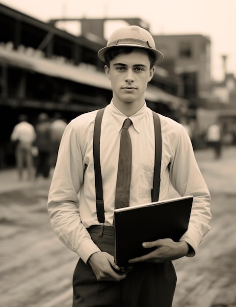 Foto imagen de un elegante ingeniero civil con un cuaderno y un casco protector