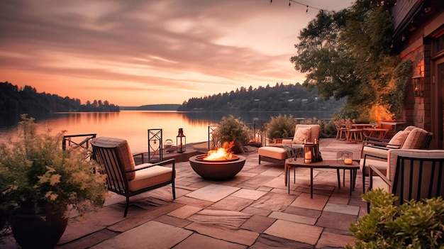 Una imagen elegante de un patio junto al lago bien equipado que ofrece un espacio tranquilo para relajarse y disfrutar de las pintorescas vistas al lago