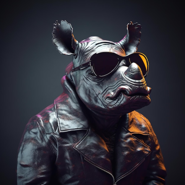 Imagen de un elegante rinoceronte con gafas de sol a la moda y una chaqueta de cuero Moda moderna Ilustración de animales AI generativa