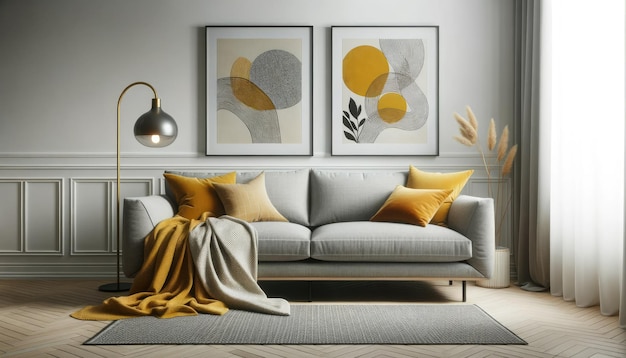 Imagen de una elegante sala de estar donde un sofá gris adornado con almohadas amarillas mostaza y una manta
