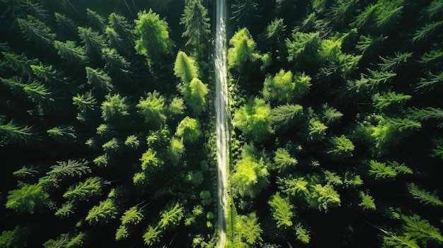 Imagen emocionante de un dron verde claro y negro en el paisaje forestal