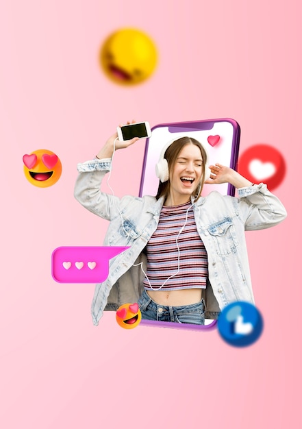 Imagen de emoticonos 3D saliendo de la pantalla de un dispositivo electrónico