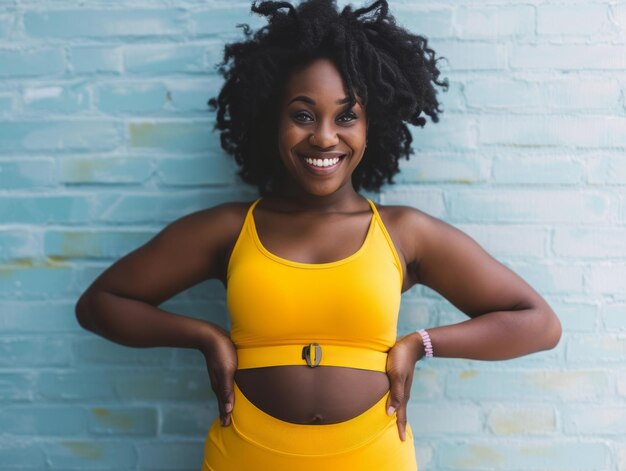 Imagen empoderadora de una mujer negra mostrando su viaje de pérdida de peso