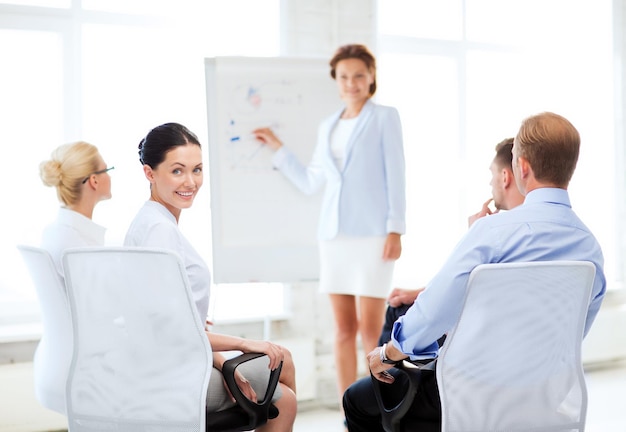 Imagen de la empresaria sonriente en una reunión de negocios en la oficina