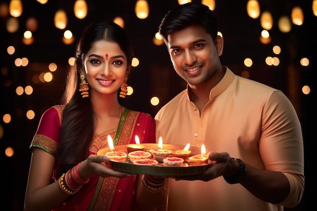 Una imagen de un encantador hombre y una mujer indios sosteniendo un plato lleno de lámparas de aceite para el festival Diwali.