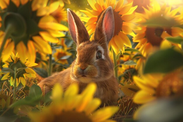 Una imagen encantadora de un lindo conejo marrón mirando generativo ai