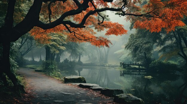 Una imagen encantadora de una mañana brumosa en un bosque adornado con hojas de colores