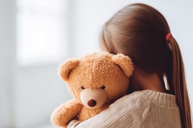 Una imagen encantadora de una niña tímida que se esconde mientras abraza a su oso de peluche
