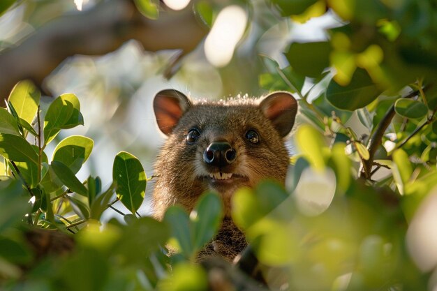 Foto una imagen encantadora que captura a un quokka mirando hacia afuera.