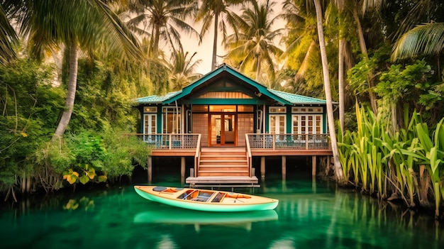 Una imagen encantadora de un sofisticado bungalow frente al mar rodeado de naturaleza y que ofrece aventuras en kayak para una escapada de verano inolvidable
