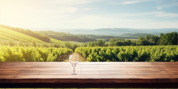 Imagen enérgica de un viñedo con una mesa de madera clara.