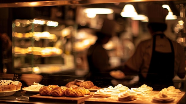 Foto imagen de enfoque suave de una encantadora panadería con las siluetas de los pasteleros que trabajan detrás de la
