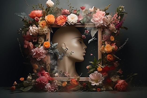 una imagen enmarcada de una cabeza con flores y una cabeza de mujer.